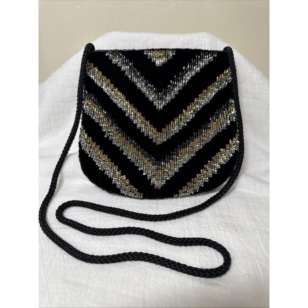 VTG Beaded Black Velvet Chevron Clutch Bag‎ Purse Studio 18 La Regale Strap